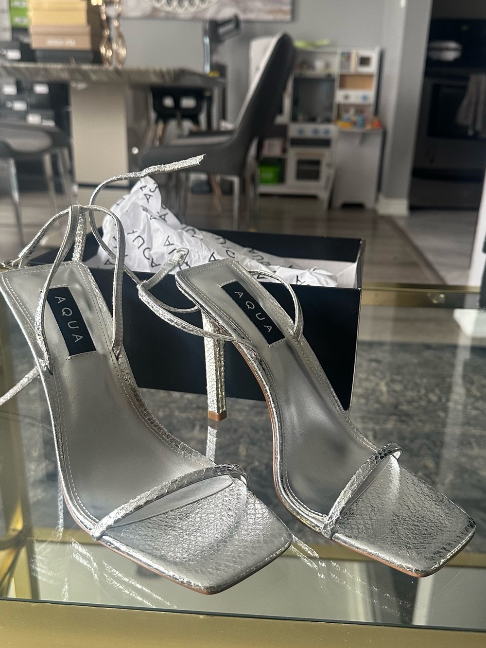 Aqua Silver Metallic Strappy Stiletto Heels